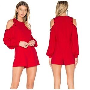 Alexis Romper Shorts Red Asher Cold Shoulder Black Buttons Balloon Sleeve Size S